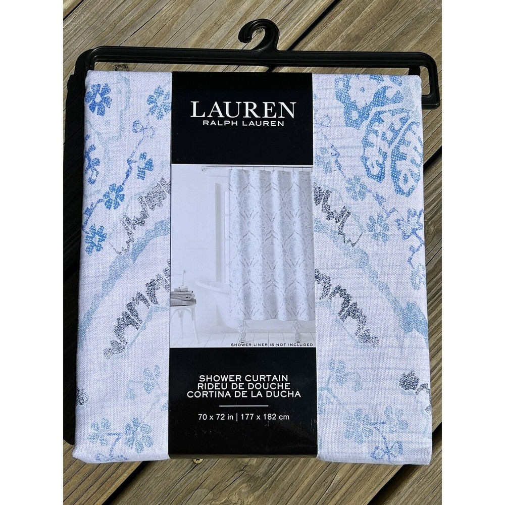 Ralph Lauren Fabric Shower Curtain White / Blue Medallion Cotton New 72x70”